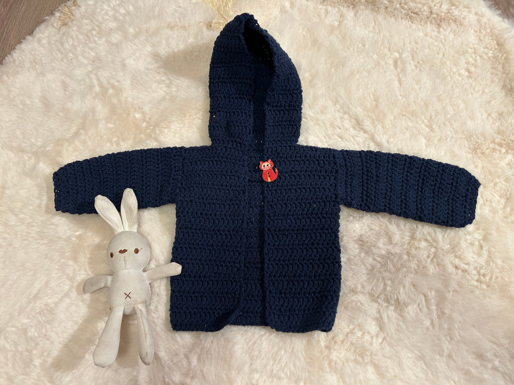 Chaqueta con Capucha de Ganchillo Azul Marino con Botón Gatito