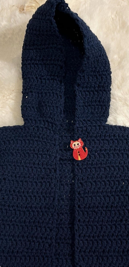 Chaqueta con Capucha de Ganchillo Azul Marino con Botón Gatito